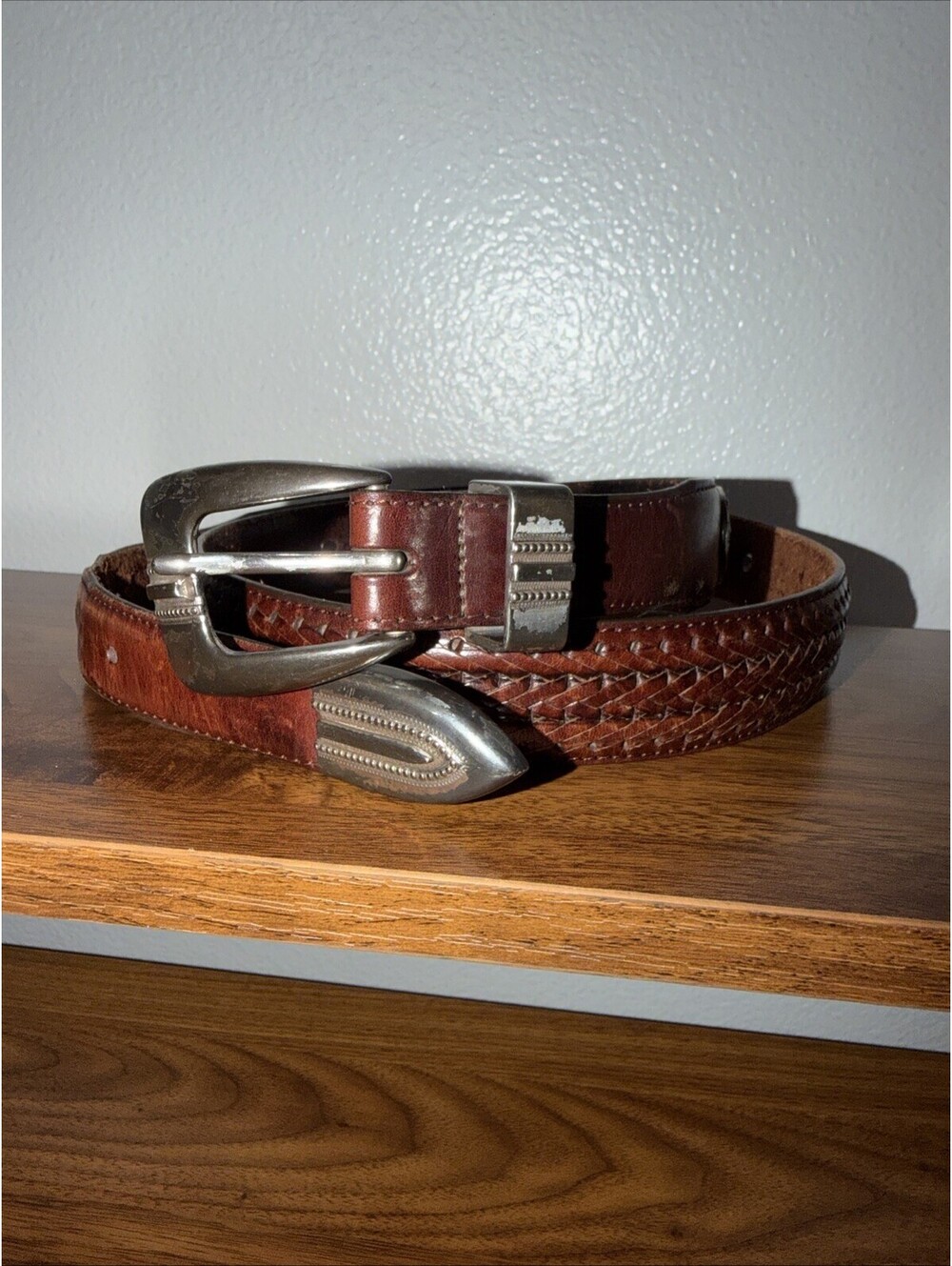 Onyx by Brighton Golf Concho Belt Men 38 Brown Leather Braided Western (A5)